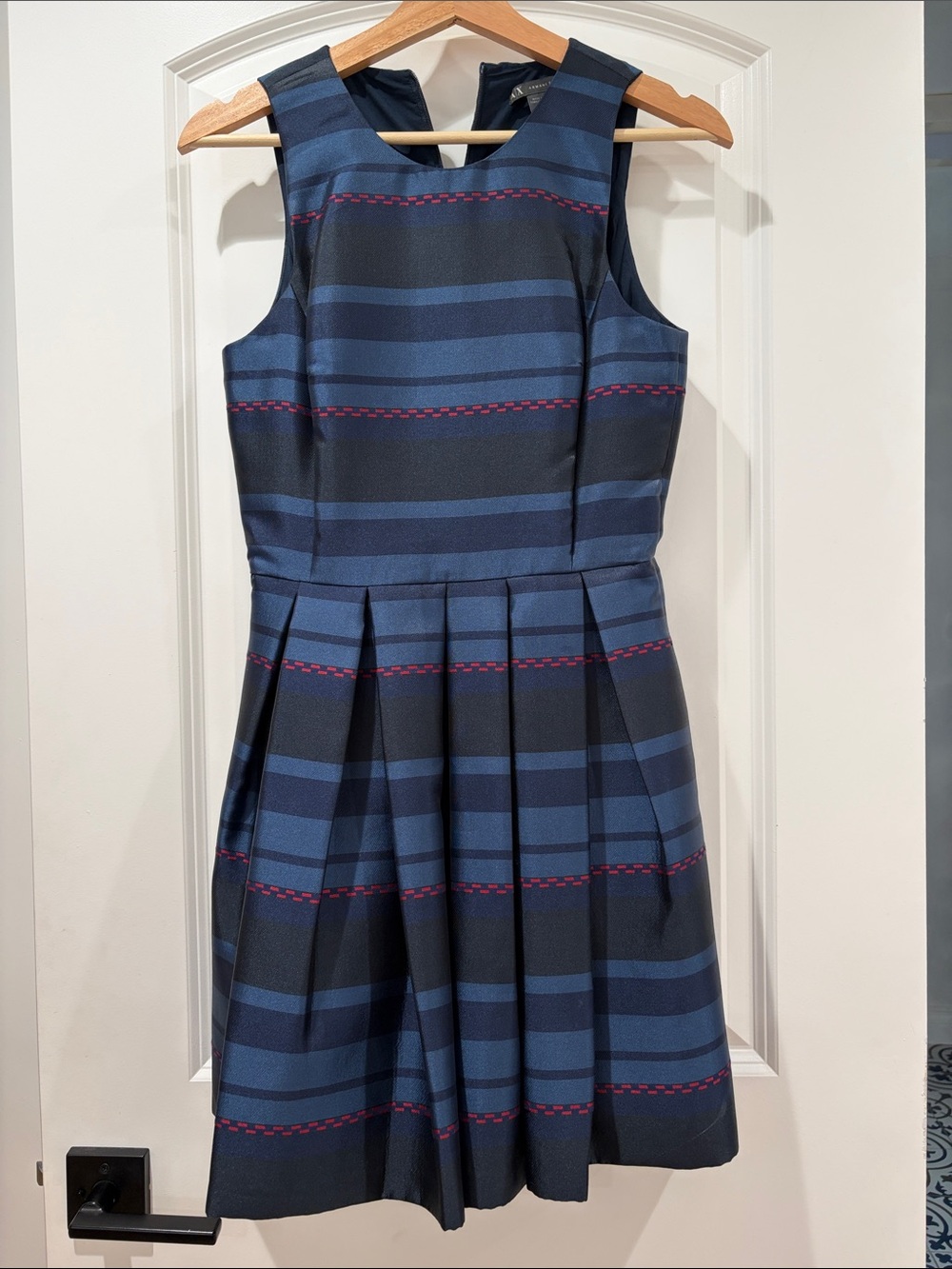 Armani Exchange Navy and Blue Striped Pleated Dress with Pink Accent
